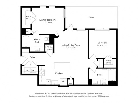 Floor plan for 2 beds, 2 baths, 1011 sqft